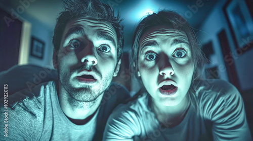 Young married couple experiences a terrifying moment in their bedroom with worried expressions illuminated by eerie light at night photo