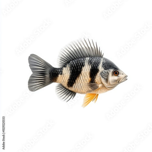 Blackchin tilapia fish clipart, marine life, botanical illustration, detailed and intricate, isolated on white background.