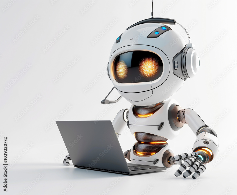 A white robot sits at a laptop, typing on a light background. A white robot sits at a laptop, typing on a light background.