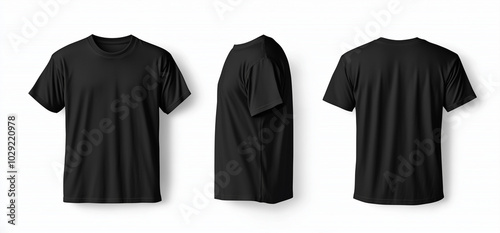 Black T-shirt template, front and back, isolated on a white background. Mockup for design print presentation. Adobe Stock high-resolution image.
