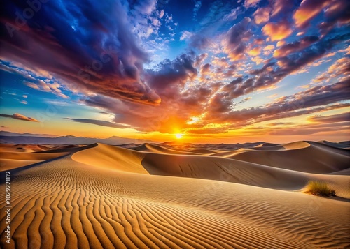 Stunning Sunset Over Desert Sand Dunes with Copy Space for Creative Use