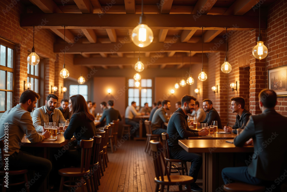 Groups of friends enjoying drinks and conversation in busy pub
