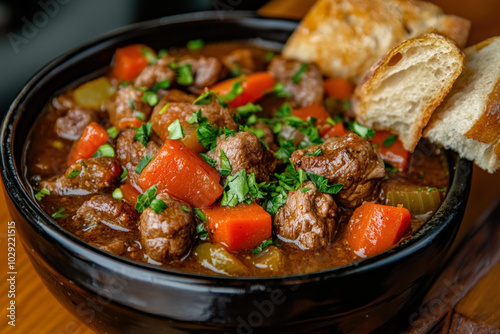 A Traditional Welsh Dish Of Cawl, Featuring A Hearty Bowl Of Lamb And Vegetable Stew, Served With Crusty Bread On A Wooden Table