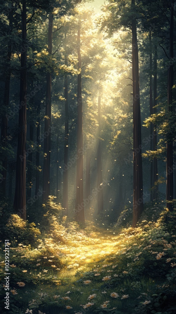 Obraz premium Serene Forest Canopy, tall trees reaching towards soft sunlight, gentle light filtering through leaves, creating a tranquil atmosphere