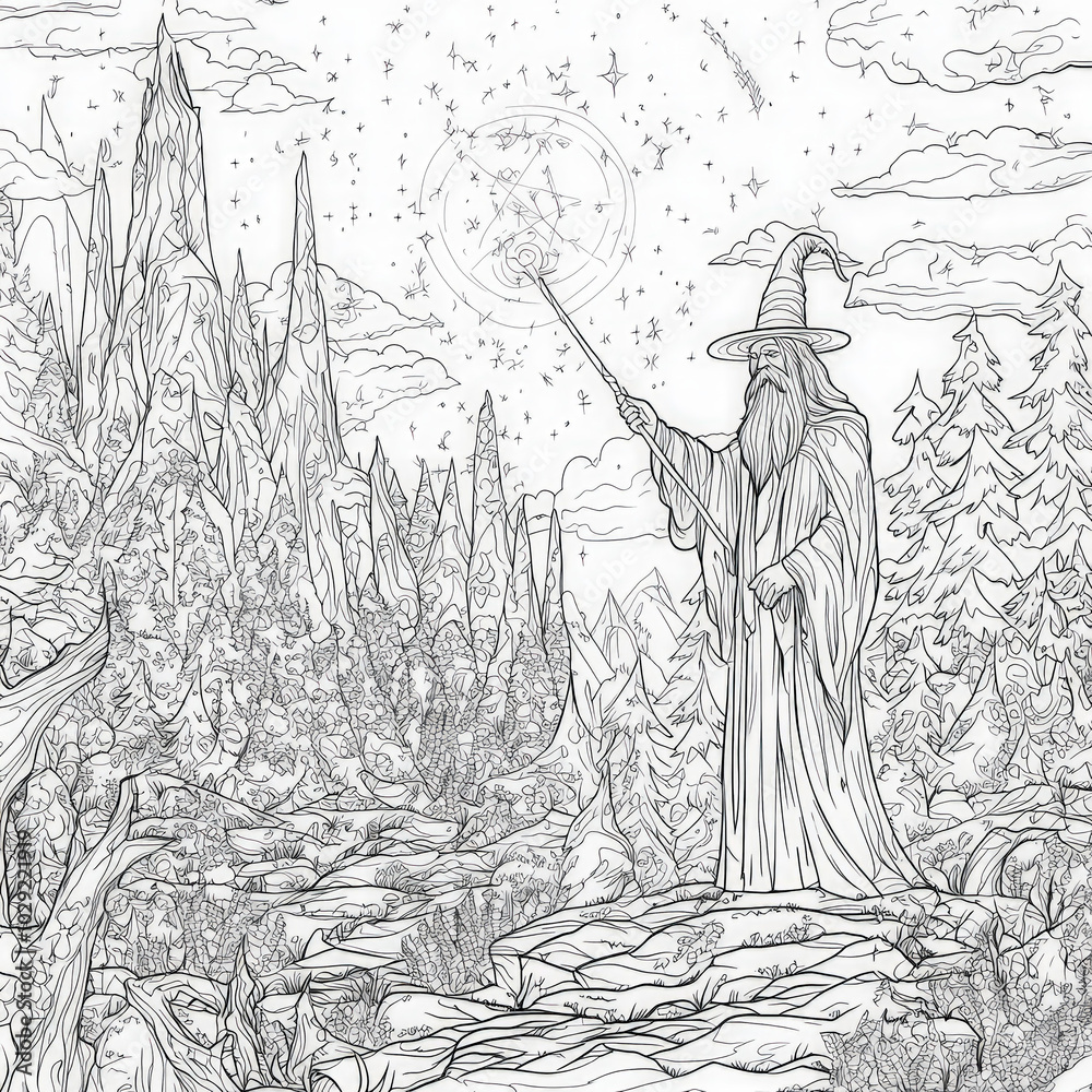 A wizard casting spells in a mystical forest, coloring page for kids ...