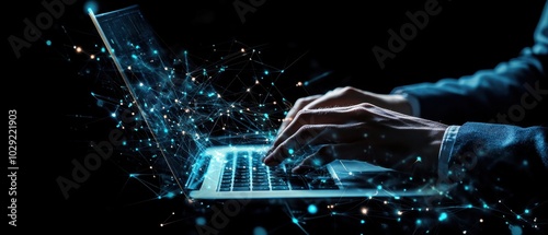 A business professional using their laptop to bring together various digital data interconnected nature and reach of technology in modern office settings Generative AI