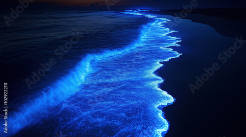 Bioluminescent waves glistening on beach create magical atmosphere photo