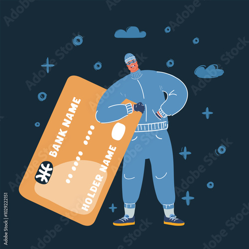 Cartoon vector illustration of credit card thief on dark background.