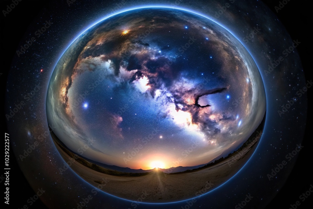 Obraz premium Fisheye galaxy with nebula on starry night sky