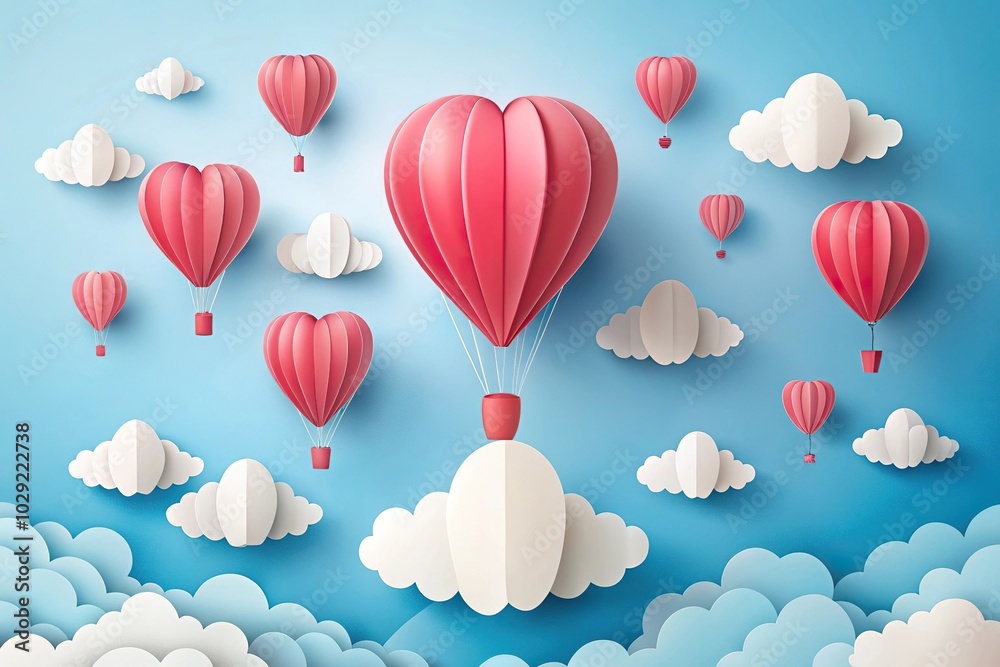 Fisheye heart shaped paper cut hot air balloons flying in clouds on sky blue background Fisheye heart shaped paper cut hot air balloons flying in clouds on sky blue background