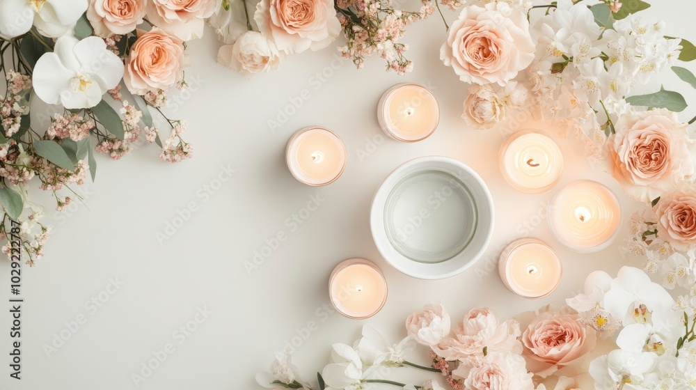 Serene Overhead View of Floral Arrangement and Candles