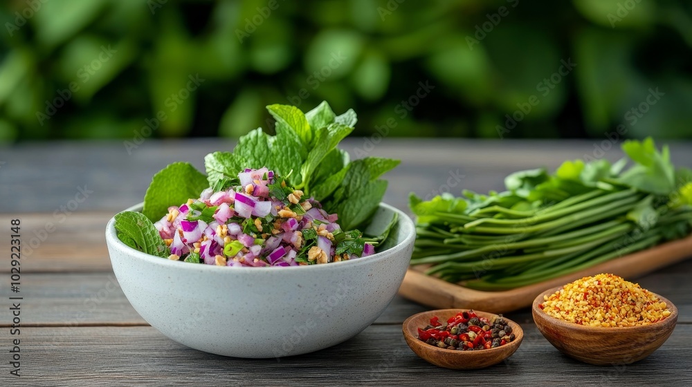 Fresh raw beef larb, Isaan spicy salad, traditional Thai cuisine. Fresh raw beef larb, Isaan spicy salad, traditional Thai cuisine.