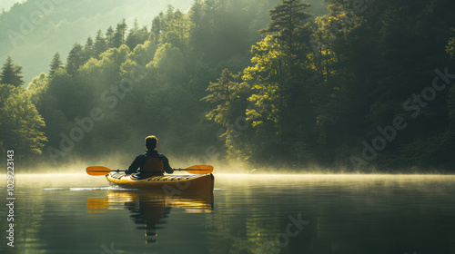 A man kayaking in still lake water with forest and fog photo