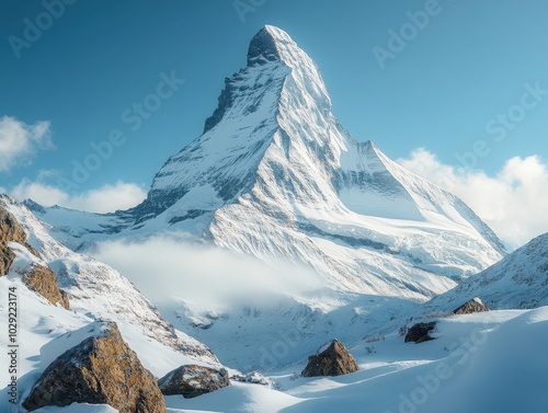 Snowy mountain summit under a vivid blue sky, showcasing the serene beauty of nature's winter landscape photo