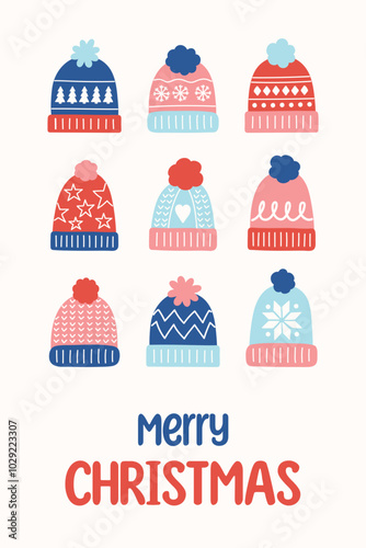 Christmas poster in cartoon style. Greeting card decorated with winter hats. Vector illustration
