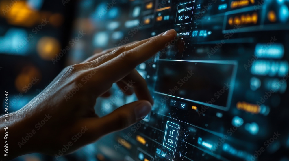 Exploring a futuristic touchscreen interface with glowing elements and a hand navigating intricate digital displays Exploring a futuristic touchscreen interface with glowing elements and a hand navigating intricate digital displays