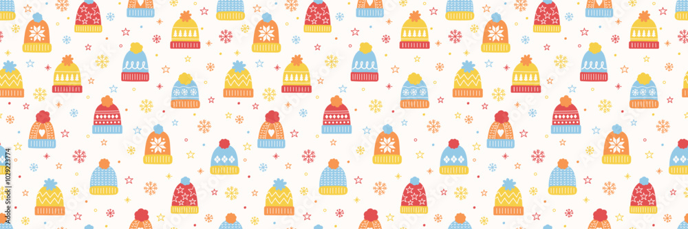Colourful seamless pattern with cute cartoon winter hats. Banner. Vector illustration Colourful seamless pattern with cute cartoon winter hats. Banner. Vector illustration