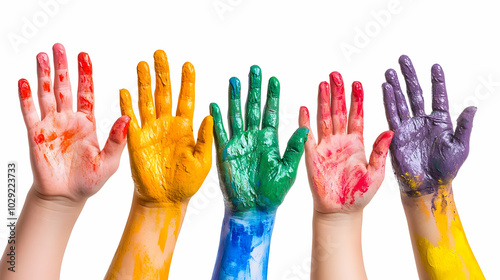 Five hands painted in different colors, raised up with fingers spread.