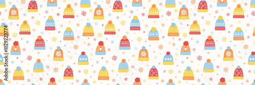 Colourful seamless pattern with cute cartoon winter hats. Banner. Vector illustration