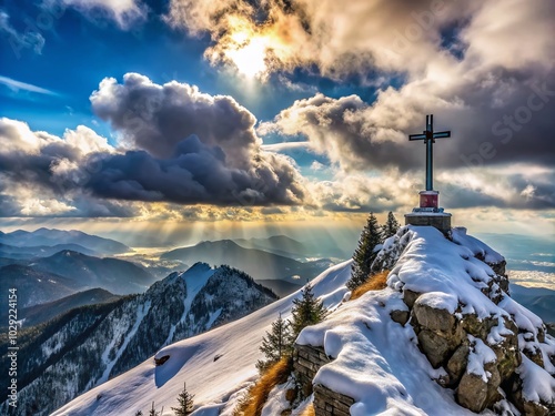 Stunning View of Mountain Summit Cross Hauseck on a Cloudy Winter Day - Scenic Nature Photography photo