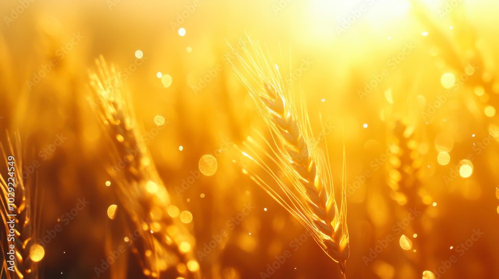 Golden wheat field basking in the warm glow of sunset with rich golden hues illuminating the landscape Golden wheat field basking in the warm glow of sunset with rich golden hues illuminating the landscape