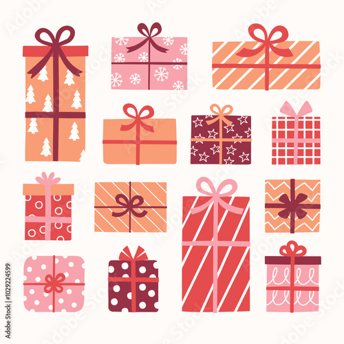 Set with cute cartoon presents. Christmas decoration. Vector illustration