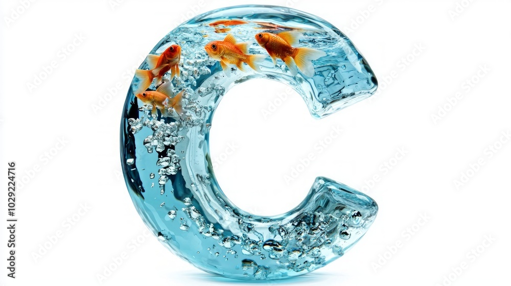 stunning glass letter C filled with water and vibrant fish creates an artistic aquarium display, contrasting beautifully with the white background. stunning glass letter C filled with water and vibrant fish creates an artistic aquarium display, contrasting beautifully with the white background.