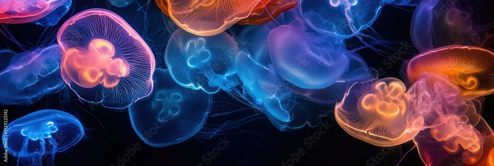 Beautiful glowing jellyfish in deep sea closeup view. Abstract background. Beautiful glowing jellyfish in deep sea closeup view. Abstract background.