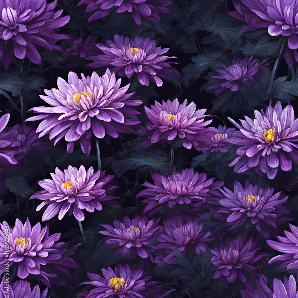 Each purple chrysanthemum has wide-open ghost eyes staring out. The moonlight illuminates the details of the twisted petals. Each purple chrysanthemum has wide-open ghost eyes staring out. The moonlight illuminates the details of the twisted petals.