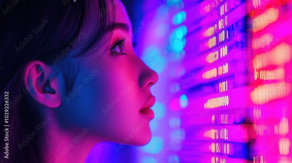 Woman in vibrant light reflection Woman in vibrant light reflection