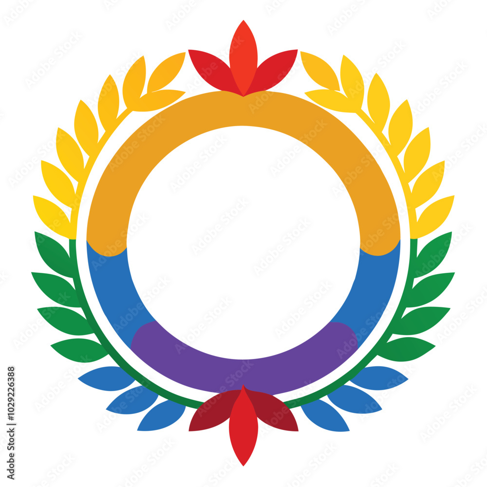 Obraz premium Rainbow color floral wreath with golden circle vector illustration 