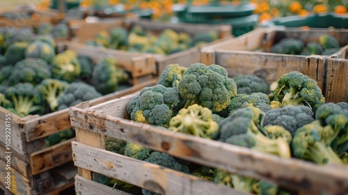 Fresh Green Broccoli Heads Packed in Wooden Crates photo