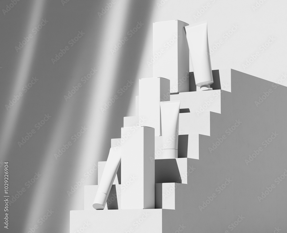Boxes and cosmetic tubes mockup on stairs with sahdow overlay