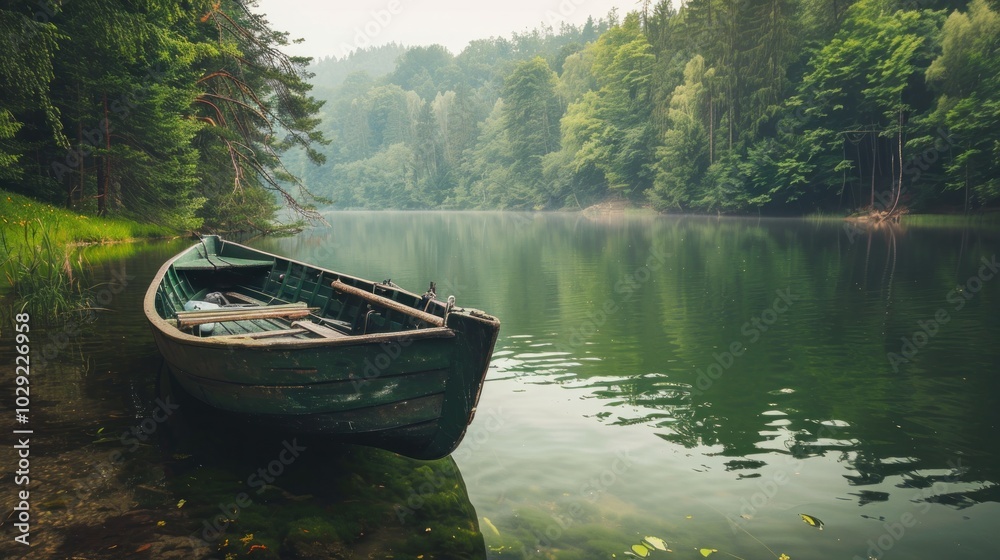 A small wooden boat is floating on a lake A small wooden boat is floating on a lake