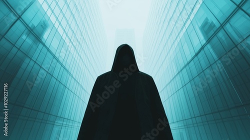 Corporate Espionage - Masked Figure Entering High-Tech Building with Surveillance Cameras in Background Symbolizing Fraud, Cinematic Light