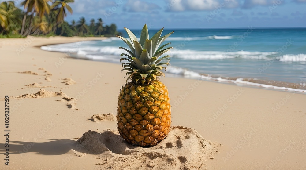 A ripe pineapple sits on sandy beach, A ripe pineapple sits on sandy beach,