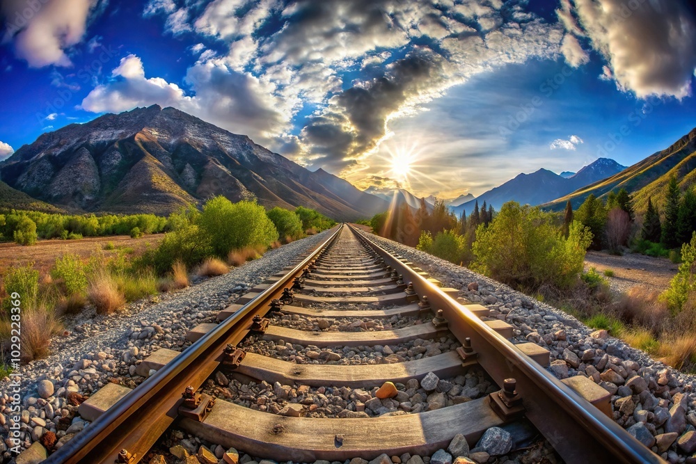 Fototapeta premium Fisheye view of train tracks with mountains in background