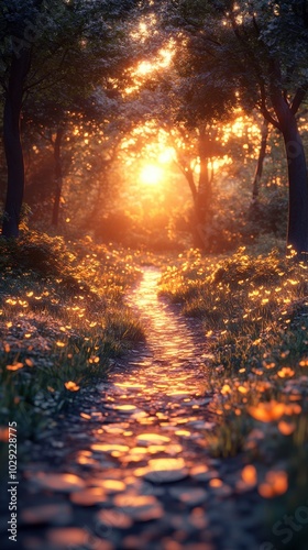 Low-poly forest trail at sunset, serene atmosphere, vibrant colors, immersive scenery, inviting journey through nature's beauty