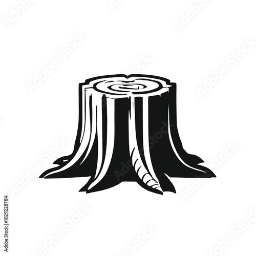 A black and white illustration of a tree stump with a distinct pattern on the surface 