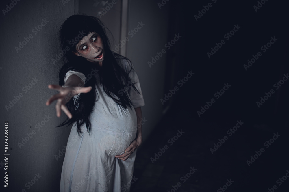 The Vengeful Spirit of a Pregnant Woman Emerging from the Shadows, Halloween Concept Horror Movie Poster,A Mysterious Ghost of a Woman Haunting the Full Moon Night The Vengeful Spirit of a Pregnant Woman Emerging from the Shadows, Halloween Concept Horror Movie Poster,A Mysterious Ghost of a Woman Haunting the Full Moon Night