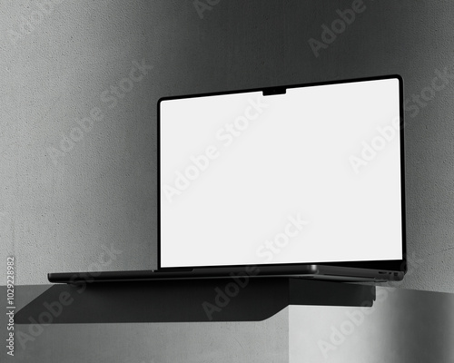 Right view laptop mockup on concrete block