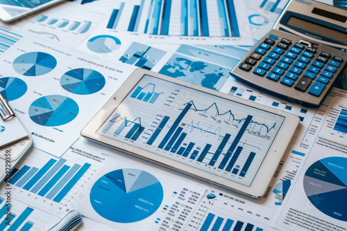 Business analytics charts and financial data on digital tablet, papers, and calculator in a workplace setting. photo