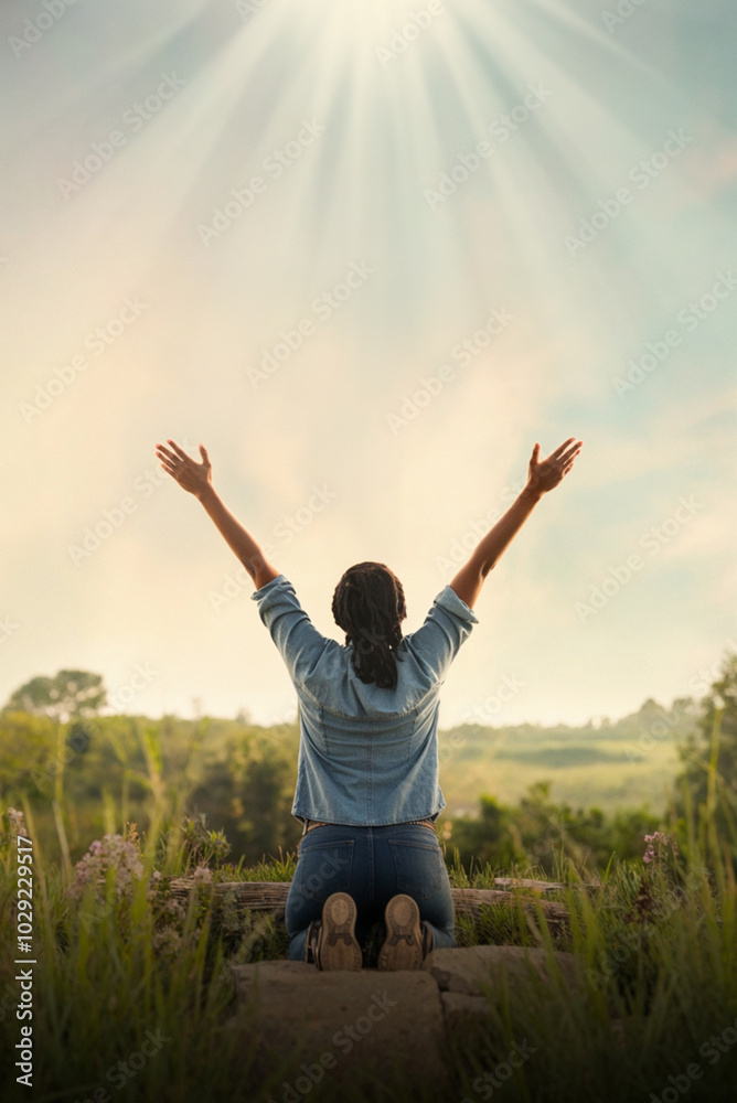 Praising the lord. A woman with her arms raised to the sky in thankfulness and prayer. Themes such as Custodian, Covering, Guard, Protector, Armor, Guarded, Divine, Refuge, Redeem Praising the lord. A woman with her arms raised to the sky in thankfulness and prayer. Themes such as Custodian, Covering, Guard, Protector, Armor, Guarded, Divine, Refuge, Redeem