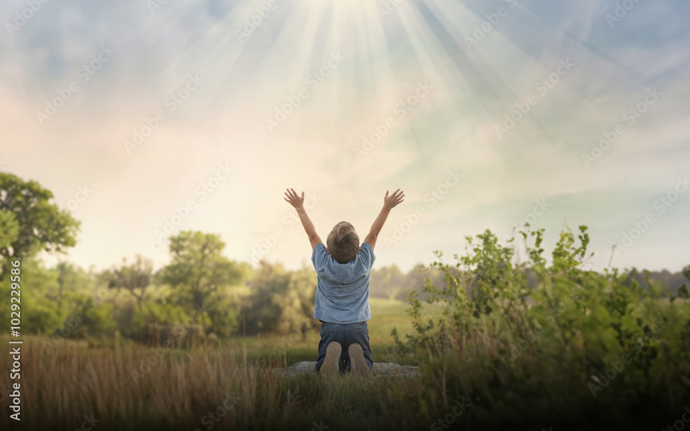 Praising the lord concept. Back view of a young boy with his arms raised to the sky in thankfulness and prayer. Themes such as Truth, Creator, Shepherd, Emmanuel, Majesty, Intercession, Petition Praising the lord concept. Back view of a young boy with his arms raised to the sky in thankfulness and prayer. Themes such as Truth, Creator, Shepherd, Emmanuel, Majesty, Intercession, Petition