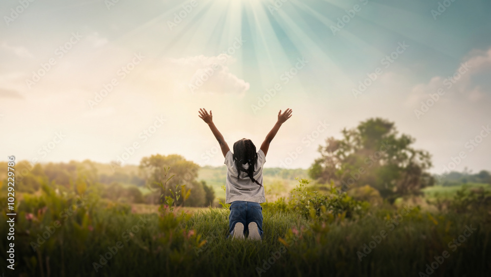 Praising the lord concept. Back view of a young girl with her arms raised to the sky in thankfulness and prayer. Themes such as obedience, faithfulness, sanctuary, gospel, trustworthy, eternal Praising the lord concept. Back view of a young girl with her arms raised to the sky in thankfulness and prayer. Themes such as obedience, faithfulness, sanctuary, gospel, trustworthy, eternal