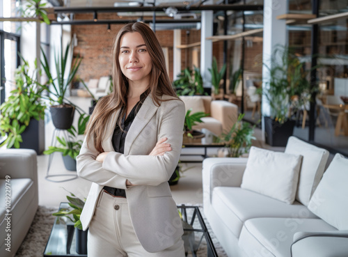 Confident businesswoman standing in a modern office space with arms crossed