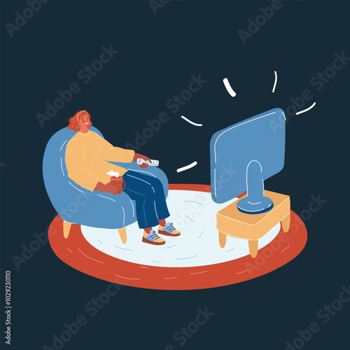 Cartoon vector illustration of woman stay home sitting on couch watching TV series show movie on dark background.