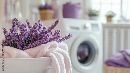 Stylish and cozy laundry room with an emphasis on natural elements. In the foreground is a basket with soft white towels and a bouquet of fresh lavender