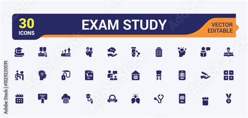 Exam Study solid Icons Set. Including books, learning, research, graduation, and education. Filled vector symbol collection. Editable icon for pixel perfect. Vector illustration.