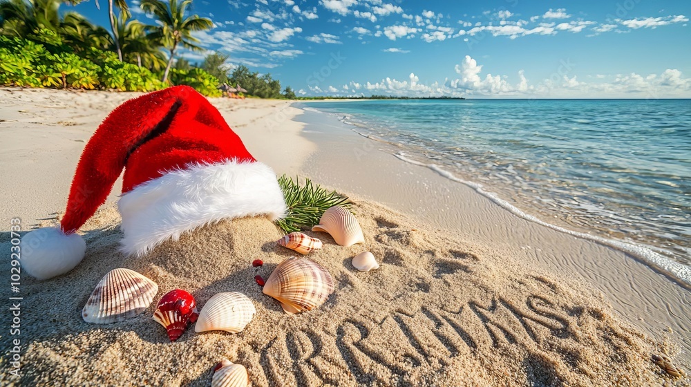 Merry Christmas Merry Christmas written in the sand on a tropical beach, with a Santa hat and seashells decorating the scene, contrasting the winter holiday theme Merry Christmas Merry Christmas written in the sand on a tropical beach, with a Santa hat and seashells decorating the scene, contrasting the winter holiday theme